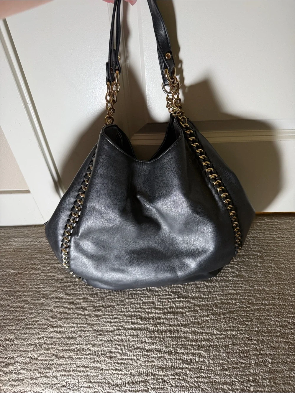 bebe Black Leather Hobo with Gold Chain Trim